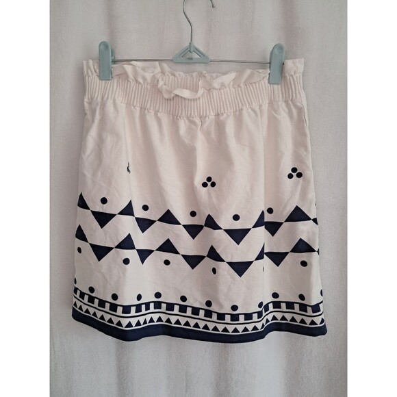 J. Crew Pull On Skirt Elastic Waist Linen Blend Cream Navy Geometric Size 4 - Picture 4 of 9